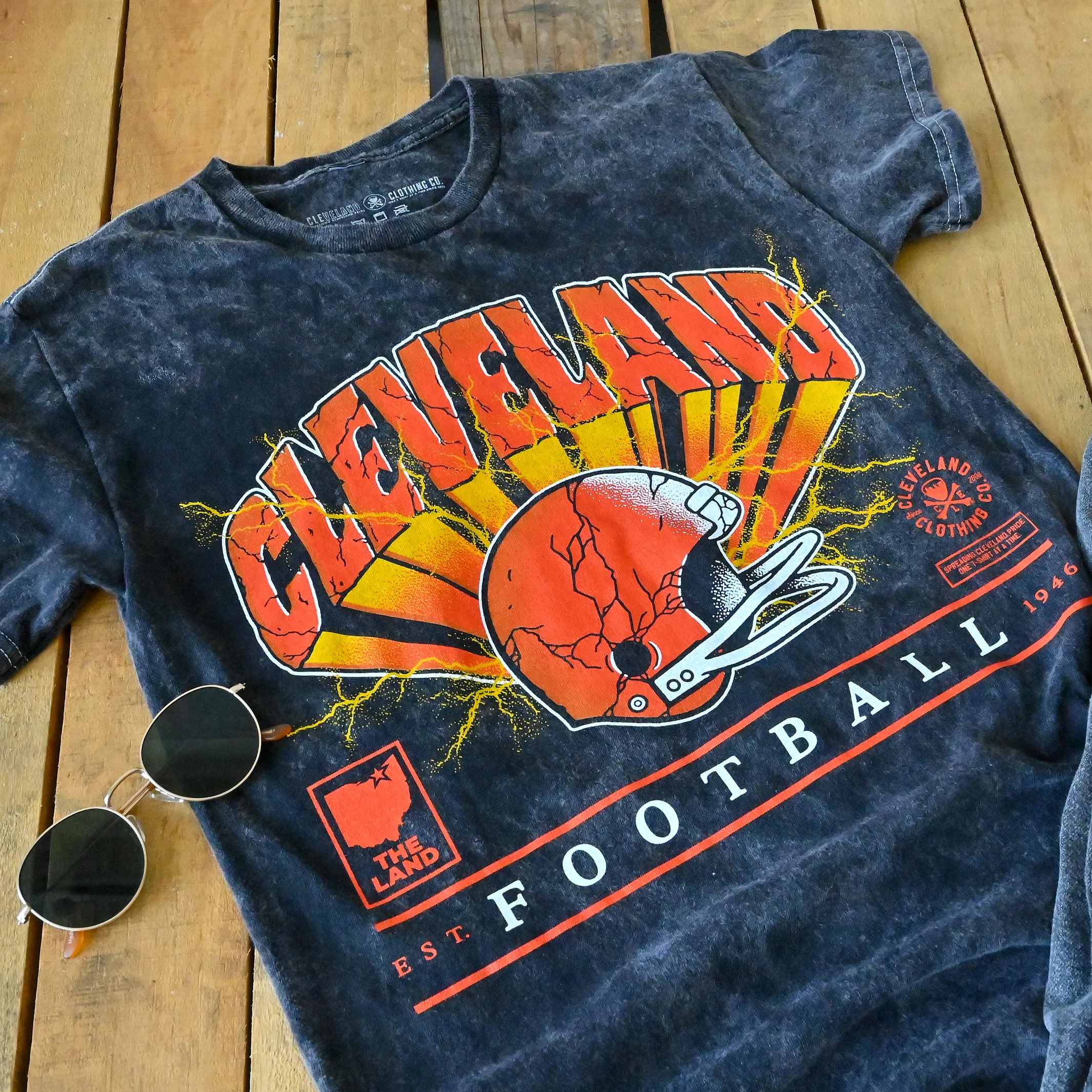 Cleveland Lightning Helmet Unisex Crew T-Shirt – Black Mineral Wash - Image 5