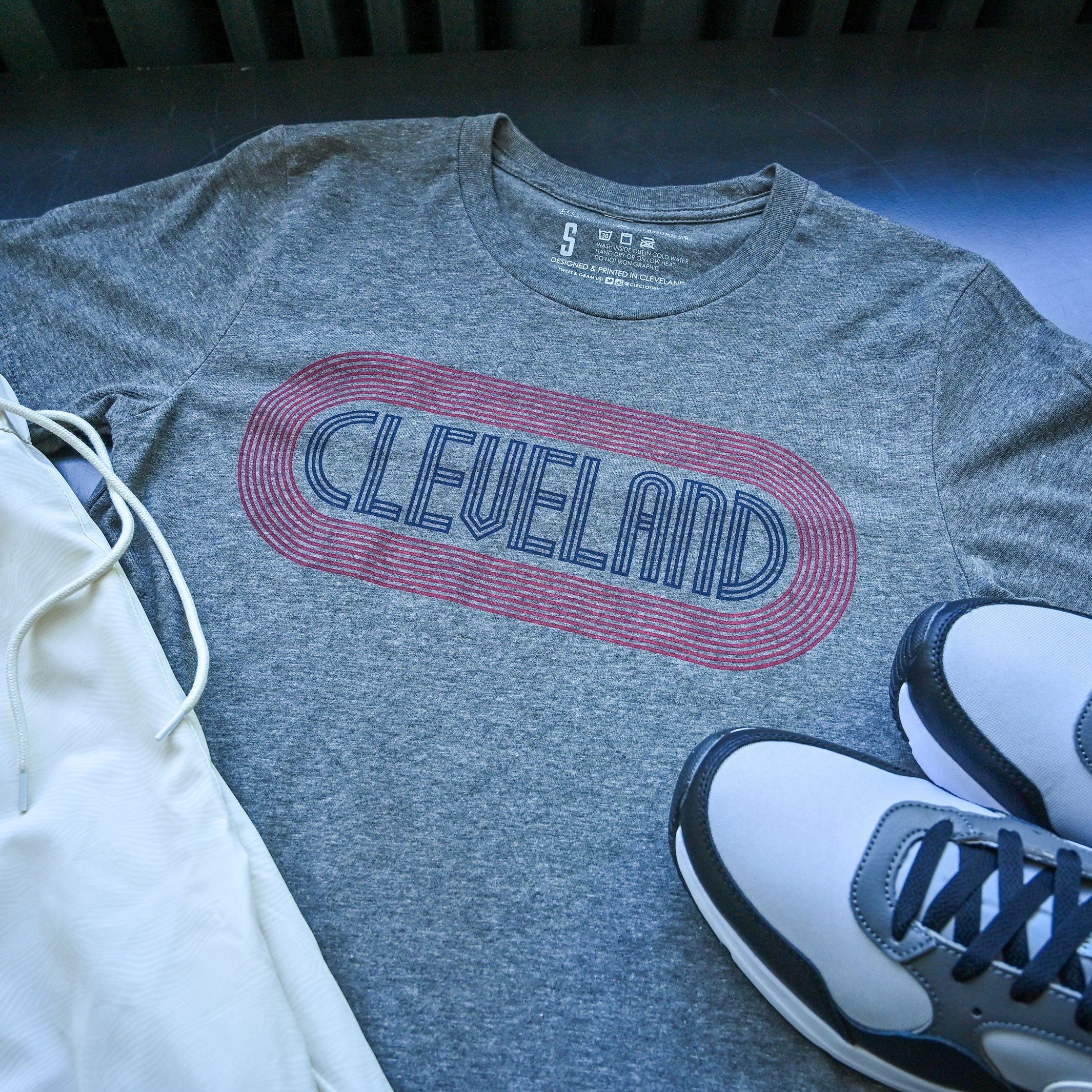 Cleveland Track, Grey - Mens/Unisex Crew T-Shirt - Image 2
